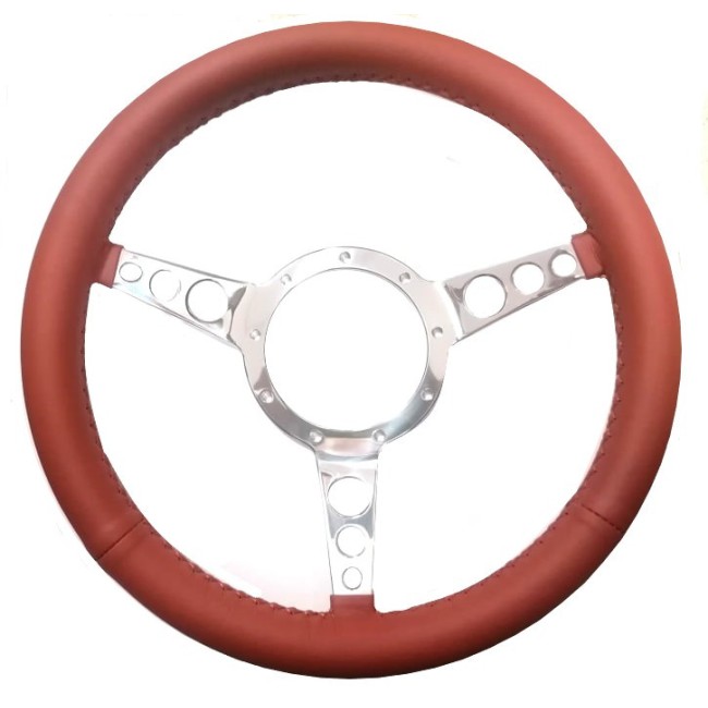 Volant Cuir bordeaux tullipé 13'' et branches alu polis - Austin Mini