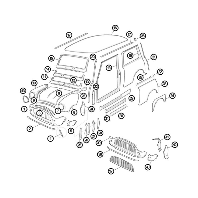 AC1A - Eléments carrosserie face avant - latéral et pavillon voiture ancienne anglaise