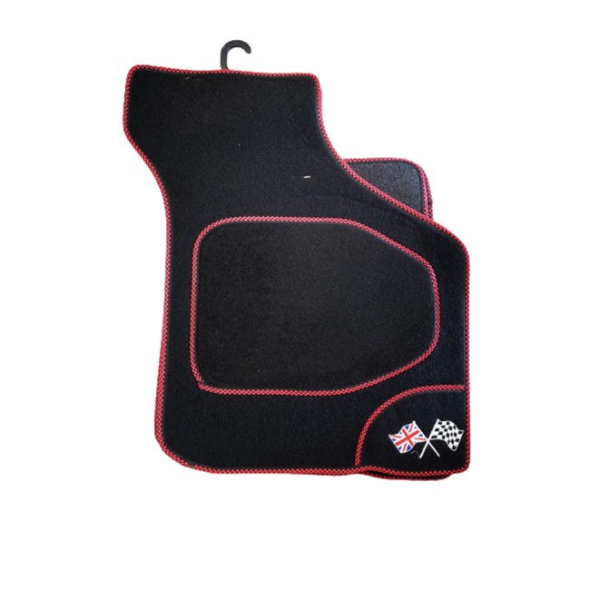 4 tapis de sol Austin Mini - Noir liseré en damier rouge voiture ancienne anglaise