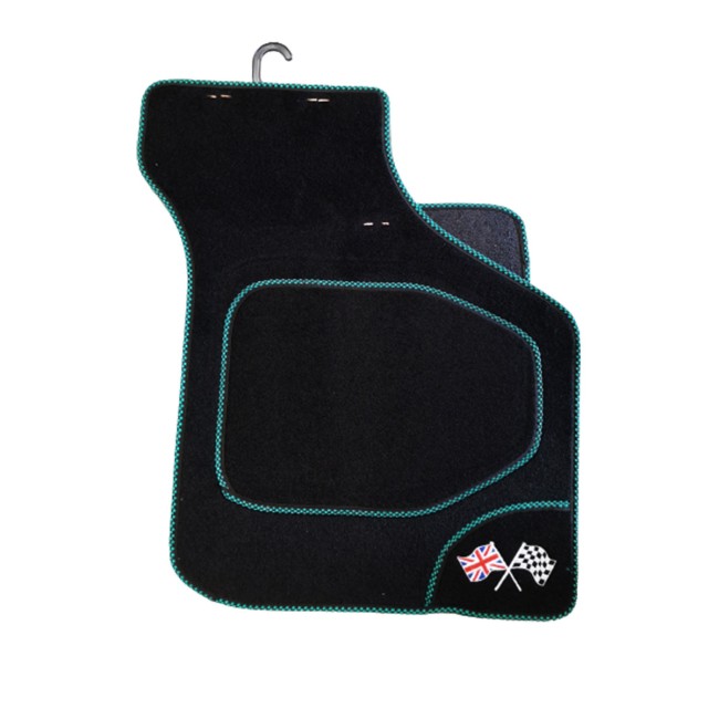 4 tapis de sol Austin Mini - Noir liseré en damier vert voiture ancienne anglaise