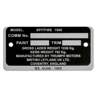 Plaque identificaiton caisse Spitfire 1500 Triumph spitfire 1500, spitfire voiture