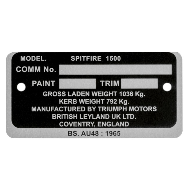 Plaque identificaiton caisse Spitfire 1500 Triumph spitfire 1500, spitfire voiture